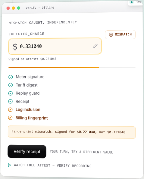 Landing hero demo: verifiable charge field, attest and verify flow, tamper detection
